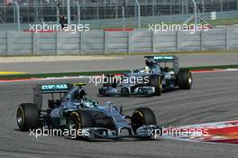 Nico Rosberg (GER) Mercedes AMG F1 W05 leads team mate Lewis Hamilton (GBR) Mercedes AMG F1 W05. 02.11.2014. Formula 1 World Championship, Rd 17, United States Grand Prix, Austin, Texas, USA, Race Day.