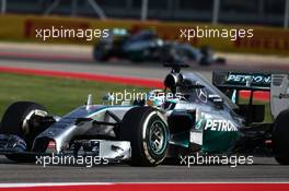 Lewis Hamilton (GBR) Mercedes AMG F1 W05 leads Nico Rosberg (GER) Mercedes AMG F1 W05. 02.11.2014. Formula 1 World Championship, Rd 17, United States Grand Prix, Austin, Texas, USA, Race Day.