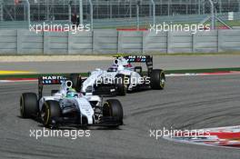 Felipe Massa (BRA) Williams FW36 leads team mate Valtteri Bottas (FIN) Williams FW36. 02.11.2014. Formula 1 World Championship, Rd 17, United States Grand Prix, Austin, Texas, USA, Race Day.