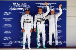 Qualifying top three in parc ferme (L to R): Lewis Hamilton (GBR) Mercedes AMG F1, second; Nico Rosberg (GER) Mercedes AMG F1, pole position; Valtteri Bottas (FIN) Williams, third. 01.11.2014. Formula 1 World Championship, Rd 17, United States Grand Prix, Austin, Texas, USA, Qualifying Day.