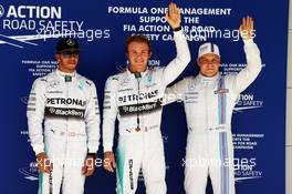 Qualifying top three in parc ferme (L to R): Lewis Hamilton (GBR) Mercedes AMG F1, second; Nico Rosberg (GER) Mercedes AMG F1, pole position; Valtteri Bottas (FIN) Williams, third. 01.11.2014. Formula 1 World Championship, Rd 17, United States Grand Prix, Austin, Texas, USA, Qualifying Day.