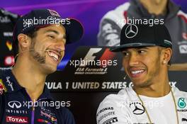 (L to R): Daniel Ricciardo (AUS) Red Bull Racing and Lewis Hamilton (GBR) Mercedes AMG F1 in the FIA Press Conference. 30.10.2014. Formula 1 World Championship, Rd 17, United States Grand Prix, Austin, Texas, USA, Preparation Day.
