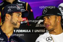 (L to R): Daniel Ricciardo (AUS) Red Bull Racing and Lewis Hamilton (GBR) Mercedes AMG F1 in the FIA Press Conference. 30.10.2014. Formula 1 World Championship, Rd 17, United States Grand Prix, Austin, Texas, USA, Preparation Day.