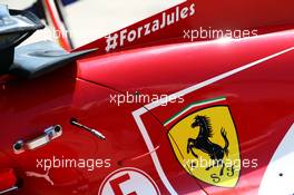 Ferrari F14-T engine cover with a message of support for Jules Bianchi (FRA). 30.10.2014. Formula 1 World Championship, Rd 17, United States Grand Prix, Austin, Texas, USA, Preparation Day.