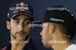 Daniel Ricciardo (AUS), Red Bull Racing and Lewis Hamilton (GBR), Mercedes AMG F1 Team at the FIA Press Conference 30.10.2014. Formula 1 World Championship, Rd 17, United States Grand Prix, Austin, Texas, USA, Preparation Day.