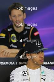 Lewis Hamilton (GBR), Mercedes AMG F1 Team and Romain Grosjean (FRA), Lotus F1 Team at the FIA Press Conference 30.10.2014. Formula 1 World Championship, Rd 17, United States Grand Prix, Austin, Texas, USA, Preparation Day.