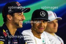 (L to R): Daniel Ricciardo (AUS) Red Bull Racing; Lewis Hamilton (GBR) Mercedes AMG F1; and Valtteri Bottas (FIN) Williams in the FIA Press Conference. 30.10.2014. Formula 1 World Championship, Rd 17, United States Grand Prix, Austin, Texas, USA, Preparation Day.
