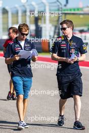 (L to R): Sebastian Vettel (GER) Red Bull Racing with Michael Manning (IRE) Red Bull Racing Trackside Control Engineer. 30.10.2014. Formula 1 World Championship, Rd 17, United States Grand Prix, Austin, Texas, USA, Preparation Day.
