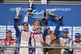 Race winners  (L to R): #08 Sebastien Buemi (SUI) / Anthony Davidson (GBR) /  Stephane Sarrazin (FRA) - Toyota Racing, Toyota TS040, Hybrid, celebrate on the podium. 03.05.2014. FIA World Endurance Championship, Round 2, Spa-Francorchamps, Belgium, Saturday.