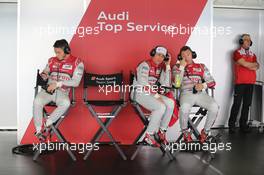 (L to R): Andre Lotterer (GER) #02 Audi Sport Team Joest Audi R18 e-tron quattro Hybrid with Loïc Duval (FRA)  and Tom Kristensen (DEN) #01 Audi Sport Team Joest Audi R18 e-tron quattro Hybrid. 31.10.2014. FIA World Endurance Championship, Round 6, Six Hours of Shanghai, Shanghai, China, Friday.