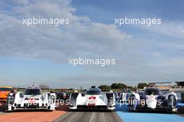 (L to R): The cars of #14 Romain Dumas (FRA) / Neel Jani (SUI) / Marc Lieb (GER), Porsche Team, Porsche 919 Hybrid, #01 Tom Kristensen (DEN) / Loic Duval (FRA) /  Allan McNish (GBR) Audi Sport Team Joest, Audi R18 e-tron quattro, #07 Alexander Wurz (AUT) / Nicolas Lapierre (FRA) / Kazuki Nakajima (JPN) Toyota Racing, Toyota TS040, Hybrid. 27.03.2014. FIA World Endurance Championship, 'Prologue' Official Test Days, Paul Ricard, France. Thursday.