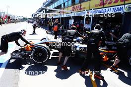 Sergio Perez (MEX) Sahara Force India F1 VJM08 in the pits. 13.03.2015. Formula 1 World Championship, Rd 1, Australian Grand Prix, Albert Park, Melbourne, Australia, Practice Day.
