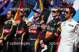 (L to R): Pastor Maldonado (VEN) Lotus F1 Team; Romain Grosjean (FRA) Lotus F1 Team; Max Verstappen (NLD) Scuderia Toro Rosso; Nico Hulkenberg (GER) Sahara Force India F1; Jenson Button (GBR) McLaren; on the grid. 15.03.2015. Formula 1 World Championship, Rd 1, Australian Grand Prix, Albert Park, Melbourne, Australia, Race Day.