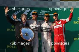 1st place Lewis Hamilton (GBR) Mercedes AMG F1, 2nd place Nico Rosberg (GER) Mercedes AMG F1 W06 and 3rd place Sebastian Vettel (GER) Ferrari. 15.03.2015. Formula 1 World Championship, Rd 1, Australian Grand Prix, Albert Park, Melbourne, Australia, Race Day.