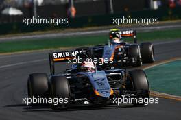 Nico Hulkenberg (GER) Sahara Force India F1 VJM08 leads team mate Sergio Perez (MEX) Sahara Force India F1 VJM08. 15.03.2015. Formula 1 World Championship, Rd 1, Australian Grand Prix, Albert Park, Melbourne, Australia, Race Day.