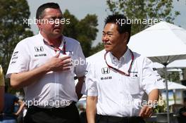 (L to R): Eric Boullier (FRA) McLaren Racing Director with Yasuhisa Arai (JPN) Honda Motorsport Chief Officer. 14.03.2015. Formula 1 World Championship, Rd 1, Australian Grand Prix, Albert Park, Melbourne, Australia, Qualifying Day.