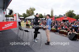 (L to R): Nico Hulkenberg (GER) Sahara Force India F1 with Will Buxton (GBR) NBS Sports Network TV Presenter on the Autograph Stage. 15.03.2015. Formula 1 World Championship, Rd 1, Australian Grand Prix, Albert Park, Melbourne, Australia, Race Day.