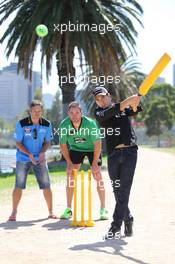 Sergio Perez (MEX) Sahara Force India F1 Team (Right) plays cricket in Albert Park with Australian Internationals Brad Hodge (AUS) (Left) and John Hastings (AUS) (Centre). 10.03.2015. Formula 1 World Championship, Rd 1, Australian Grand Prix, Albert Park, Melbourne, Australia, Preparation Day.