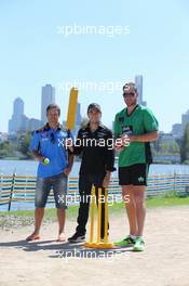 Sergio Perez (MEX) Sahara Force India F1 Team (Centre) plays cricket in Albert Park with Australian Internationals Brad Hodge (AUS) (Left) and John Hastings (AUS) (Right). 10.03.2015. Formula 1 World Championship, Rd 1, Australian Grand Prix, Albert Park, Melbourne, Australia, Preparation Day.