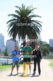 Sergio Perez (MEX) Sahara Force India F1 Team (Right) plays cricket in Albert Park with Australian Internationals Brad Hodge (AUS) (Left) and John Hastings (AUS) (Centre).  10.03.2015. Formula 1 World Championship, Rd 1, Australian Grand Prix, Albert Park, Melbourne, Australia, Preparation Day.