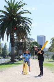 Sergio Perez (MEX) Sahara Force India F1 Team (Right) plays cricket in Albert Park with Brad Hodge (AUS) (Left) International Cricket Player. 10.03.2015. Formula 1 World Championship, Rd 1, Australian Grand Prix, Albert Park, Melbourne, Australia, Preparation Day.