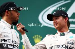 The podium (L to R): second placed Lewis Hamilton (GBR) Mercedes AMG F1 with race winner Nico Rosberg (GER) Mercedes AMG F1. 21.06.2015. Formula 1 World Championship, Rd 8, Austrian Grand Prix, Spielberg, Austria, Race Day.