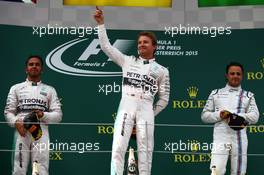 The podium (L to R): Lewis Hamilton (GBR) Mercedes AMG F1, second; Nico Rosberg (GER) Mercedes AMG F1, race winner; Felipe Massa (BRA) Williams, third.. 21.06.2015. Formula 1 World Championship, Rd 8, Austrian Grand Prix, Spielberg, Austria, Race Day.