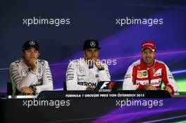 The post qualifying FIA Press Conference (L to R): Nico Rosberg (GER) Mercedes AMG F1, second; Lewis Hamilton (GBR) Mercedes AMG F1, pole position; Sebastian Vettel (GER) Ferrari, third. 20.06.2015. Formula 1 World Championship, Rd 8, Austrian Grand Prix, Spielberg, Austria, Qualifying Day.