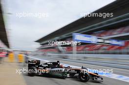 Nico Hulkenberg (GER) Sahara Force India F1 VJM08 leaves the pits. 27.02.2015. Formula One Testing, Day Two, Barcelona, Spain.