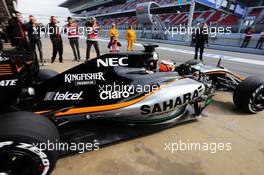 Nico Hulkenberg (GER) Sahara Force India F1 VJM08 leaves the pits for the first lap. 27.02.2015. Formula One Testing, Day Two, Barcelona, Spain.