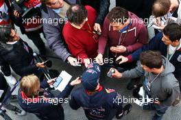 Daniil Kvyat (RUS) Red Bull Racing with the media. 26.02.2015. Formula One Testing, Day One, Barcelona, Spain.