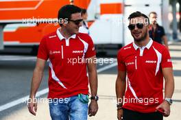 (L to R): Fabio Leimer (SUI) Manor Marussia F1 Team Test and Reserve Driver with Will Stevens (GBR) Manor Marussia F1 Team. 21.08.2015. Formula 1 World Championship, Rd 11, Belgian Grand Prix, Spa Francorchamps, Belgium, Practice Day.