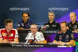 The FIA Press Conference (From back row (L to R)): Giampaolo Dall'Ara (ITA) Sauber F1 Team Head of Track Engineering; Nick Chester (GBR) Lotus F1 Team Technical Director; Andrew Green (GBR) Sahara Force India F1 Team Technical Director; James Allison (GBR) Ferrari Chassis Technical Director; Paddy Lowe (GBR) Mercedes AMG F1 Executive Director (Technical); Paul Monaghan (GBR) Red Bull Racing Chief Engineer. 21.08.2015. Formula 1 World Championship, Rd 11, Belgian Grand Prix, Spa Francorchamps, Belgium, Practice Day.