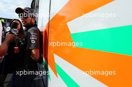 Sergio Perez (MEX) Sahara Force India F1 with the media. 21.08.2015. Formula 1 World Championship, Rd 11, Belgian Grand Prix, Spa Francorchamps, Belgium, Practice Day.