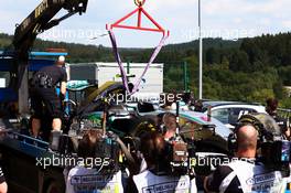 The Mercedes AMG F1 W06 of Nico Rosberg (GER) Mercedes AMG F1 is recovered back to the pits on the back of a truk in the second practice session. 21.08.2015. Formula 1 World Championship, Rd 11, Belgian Grand Prix, Spa Francorchamps, Belgium, Practice Day.