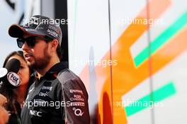 Sergio Perez (MEX) Sahara Force India F1 with the media. 21.08.2015. Formula 1 World Championship, Rd 11, Belgian Grand Prix, Spa Francorchamps, Belgium, Practice Day.