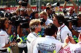 Nico Rosberg (GER) Mercedes AMG F1 with the media in the second practice session. 21.08.2015. Formula 1 World Championship, Rd 11, Belgian Grand Prix, Spa Francorchamps, Belgium, Practice Day.