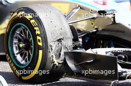 A damaged Pirelli tyre on the Mercedes AMG F1 W06 of Nico Rosberg (GER) Mercedes AMG F1 in the second practice session. 21.08.2015. Formula 1 World Championship, Rd 11, Belgian Grand Prix, Spa Francorchamps, Belgium, Practice Day.