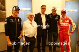 (L to R): Nico Rosberg (GER) Mercedes AMG F1; Bernie Ecclestone (GBR) and Frank Hoffmann (GER) RTL Television Programme Managing Director; Nico Hulkenberg (GER) Sahara Force India F1; and Sebastian Vettel (GER) Ferrari, as RTL announce a contract extension to show F1 through 2016-17. 21.08.2015. Formula 1 World Championship, Rd 11, Belgian Grand Prix, Spa Francorchamps, Belgium, Practice Day.
