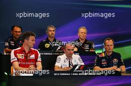 The FIA Press Conference (From back row (L to R)): Giampaolo Dall'Ara (ITA) Sauber F1 Team Head of Track Engineering; Nick Chester (GBR) Lotus F1 Team Technical Director; Andrew Green (GBR) Sahara Force India F1 Team Technical Director; James Allison (GBR) Ferrari Chassis Technical Director; Paddy Lowe (GBR) Mercedes AMG F1 Executive Director (Technical); Paul Monaghan (GBR) Red Bull Racing Chief Engineer.  21.08.2015. Formula 1 World Championship, Rd 11, Belgian Grand Prix, Spa Francorchamps, Belgium, Practice Day.