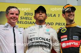 The podium (L to R): race winner Lewis Hamilton (GBR) Mercedes AMG F1 with third placed Romain Grosjean (FRA) Lotus F1 Team on the podium. 23.08.2015. Formula 1 World Championship, Rd 13, Belgian Grand Prix, Spa Francorchamps, Belgium, Race Day.
