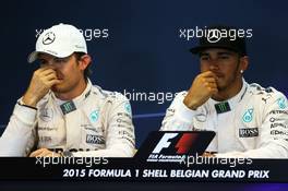 The FIA Press Conference (L to R): Nico Rosberg (GER) Mercedes AMG F1 with team mate Lewis Hamilton (GBR) Mercedes AMG F1. 23.08.2015. Formula 1 World Championship, Rd 13, Belgian Grand Prix, Spa Francorchamps, Belgium, Race Day.