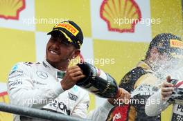 Race winner Lewis Hamilton (GBR) Mercedes AMG F1 celebrates on the podium. 23.08.2015. Formula 1 World Championship, Rd 13, Belgian Grand Prix, Spa Francorchamps, Belgium, Race Day.