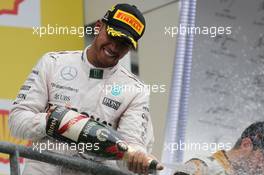 Race winner Lewis Hamilton (GBR) Mercedes AMG F1 celebrates on the podium. 23.08.2015. Formula 1 World Championship, Rd 13, Belgian Grand Prix, Spa Francorchamps, Belgium, Race Day.