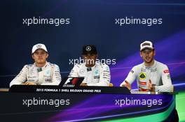 The FIA Press Conference (L to R): Nico Rosberg (GER) Mercedes AMG F1, second; Lewis Hamilton (GBR) Mercedes AMG F1, race winner; Romain Grosjean (FRA) Lotus F1 Team, third. 23.08.2015. Formula 1 World Championship, Rd 13, Belgian Grand Prix, Spa Francorchamps, Belgium, Race Day.