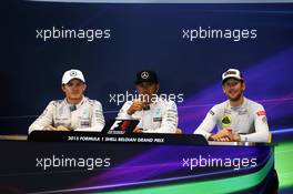 The FIA Press Conference (L to R): Nico Rosberg (GER) Mercedes AMG F1, second; Lewis Hamilton (GBR) Mercedes AMG F1, race winner; Romain Grosjean (FRA) Lotus F1 Team, third. 23.08.2015. Formula 1 World Championship, Rd 13, Belgian Grand Prix, Spa Francorchamps, Belgium, Race Day.