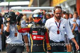 Romain Grosjean (FRA) Lotus F1 Team celebrates his third position in parc ferme. 23.08.2015. Formula 1 World Championship, Rd 13, Belgian Grand Prix, Spa Francorchamps, Belgium, Race Day.
