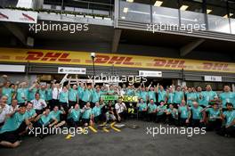 Race winner Lewis Hamilton (GBR) Mercedes AMG F1 celebrates with the team. 23.08.2015. Formula 1 World Championship, Rd 13, Belgian Grand Prix, Spa Francorchamps, Belgium, Race Day.