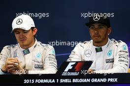 The FIA Press Conference (L to R): Nico Rosberg (GER) Mercedes AMG F1 with team mate Lewis Hamilton (GBR) Mercedes AMG F1. 23.08.2015. Formula 1 World Championship, Rd 13, Belgian Grand Prix, Spa Francorchamps, Belgium, Race Day.
