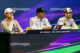 The post race FIA Press Conference (L to R): Nico Rosberg (GER) Mercedes AMG F1, second; Lewis Hamilton (GBR) Mercedes AMG F1, race winner; Romain Grosjean (FRA) Lotus F1 Team, third. 23.08.2015. Formula 1 World Championship, Rd 13, Belgian Grand Prix, Spa Francorchamps, Belgium, Race Day.